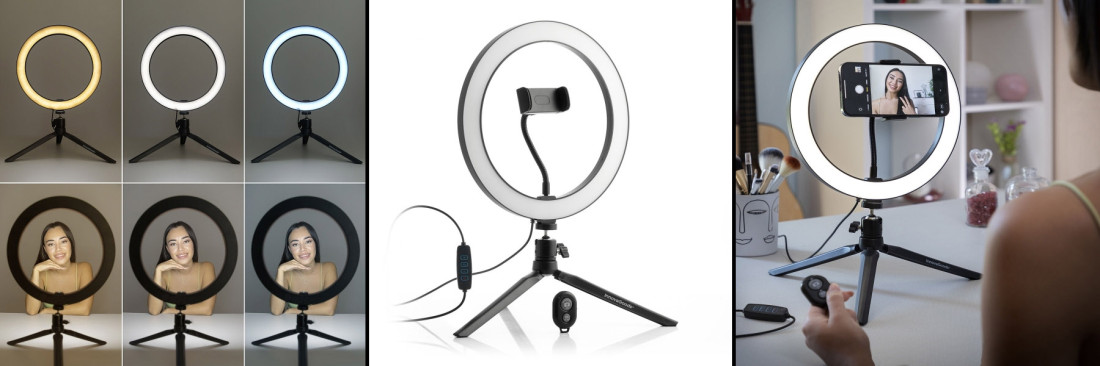 Anneau de table lumière Selfie avec Trépied, 3 modes d'éclairage, 10  niveaux de luminosité.