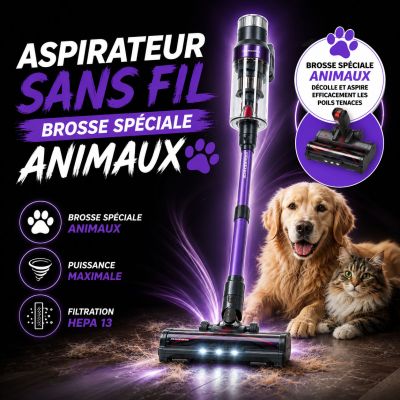 Aspirateur sans fil avec brosse spéciale animaux
