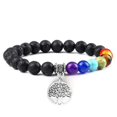 7 Chakras Armband mit Lebensbaum und Lavasteinen