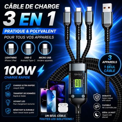 Câble de Charge 3 en 1 - Pratique et Polyvalent pour Tous Vos Appareils