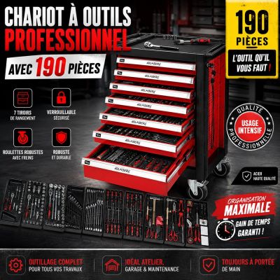 Chariot à outils professionnel avec 190 pièces