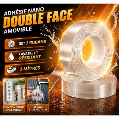 Set 2 Rubans adhésifs Nano Double Face Amovible Lavable et Résistant (3 mètres)