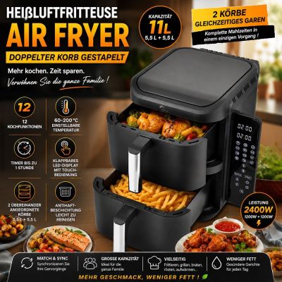 Heißluftfritteuse mit 11L Fassungsvermögen und zwei stapelbaren Körben