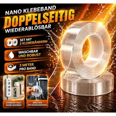 Set 2 Nano Doppelseitiges Klebeband Abziehbar Waschbar und Widerstandsfähig (3 Meter)