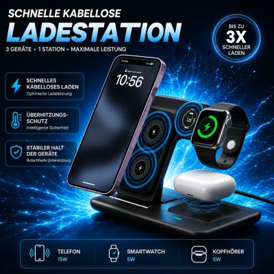 Faltbare 3-in-1-Schnellladestation für kabelloses Laden