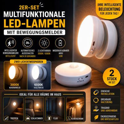 Set mit 2 multifunktionalen LED-Lampen mit Bewegungssensor