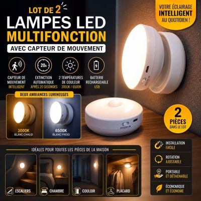 Lot de 2 Lampes LED Multifonction avec Capteur de Mouvement