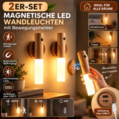 2er-Set magnetische LED-Wandleuchten mit Bewegungsmelder – Holzoptik