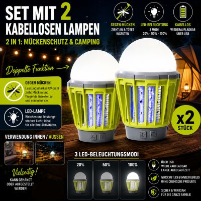 2er-Pack Drahtlose 2-in-1-Lampen Anti-Mücken und Camping