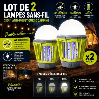 Lot de 2 Lampes Sans-Fil 2 en 1 Anti-moustiques et Camping