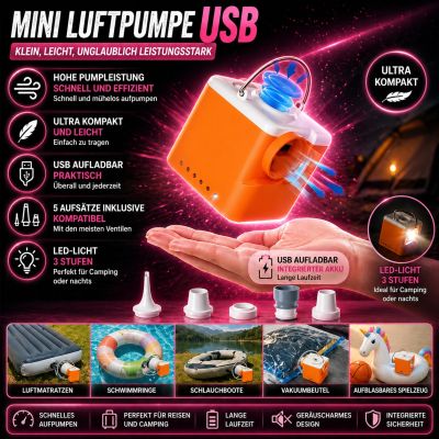 Mini-USB-Luftpumpe für Luftmatratzen mit integrierter Lampe