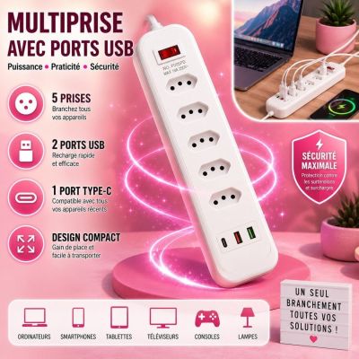 Multiprise avec ports USB et câble de 2 m