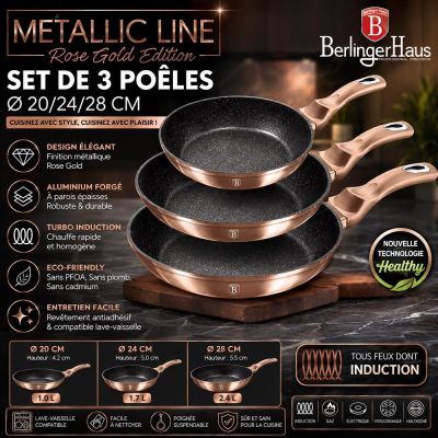 Set de 3 Poêles Ø 20/24/28cm Metallic Line Rose Gold Edition
