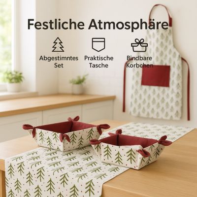 Passendes Set – Schürze, Tischläufer und Körbe