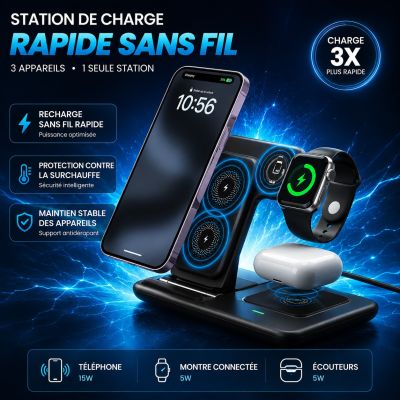 Station de Charge Rapide Sans Fil 3-en-1 Pliable