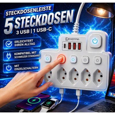 Steckdosenleiste mit Schaltern, 5 Steckdosen + 4 USB-Anschlüsse (darunter USB-C)