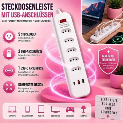 Steckdosenleiste mit USB-Anschlüssen und 2 m langem Kabel