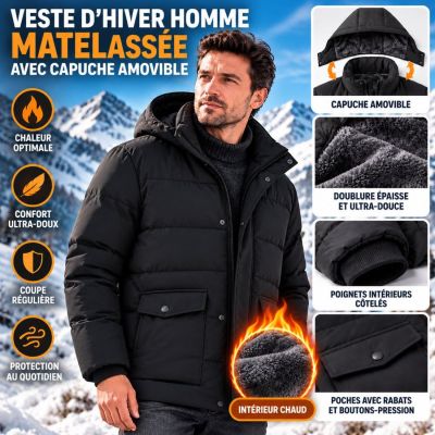 Veste d'Hiver Homme Matelassée avec Capuche Amovible
