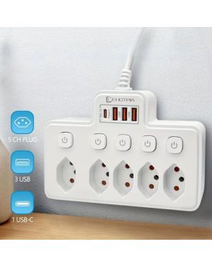 Steckdosenleiste mit Schaltern, 5 Steckdosen + 4 USB-Anschlüsse (darunter USB-C)