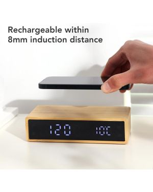 Digitaler Wecker aus Bambus mit drahtloser Aufladung