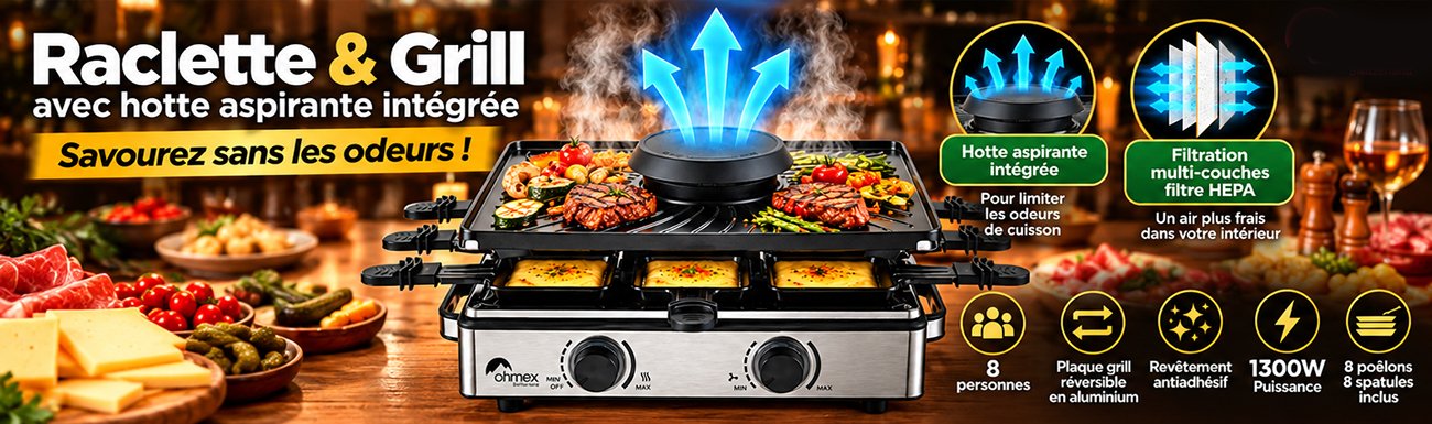  Appareil à Raclette & Gril 8 Personnes avec Hotte Aspirante Anti-Odeurs Intégrée