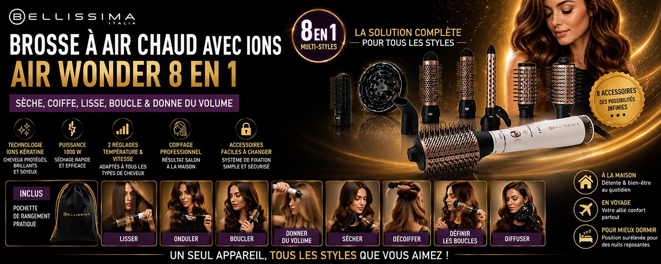  Brosse à air chaud avec ions kératine Air Wonder 8 en 1