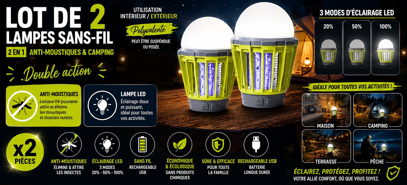  Lot de 2 Lampes Sans-Fil 2 en 1 Anti-moustiques et Camping