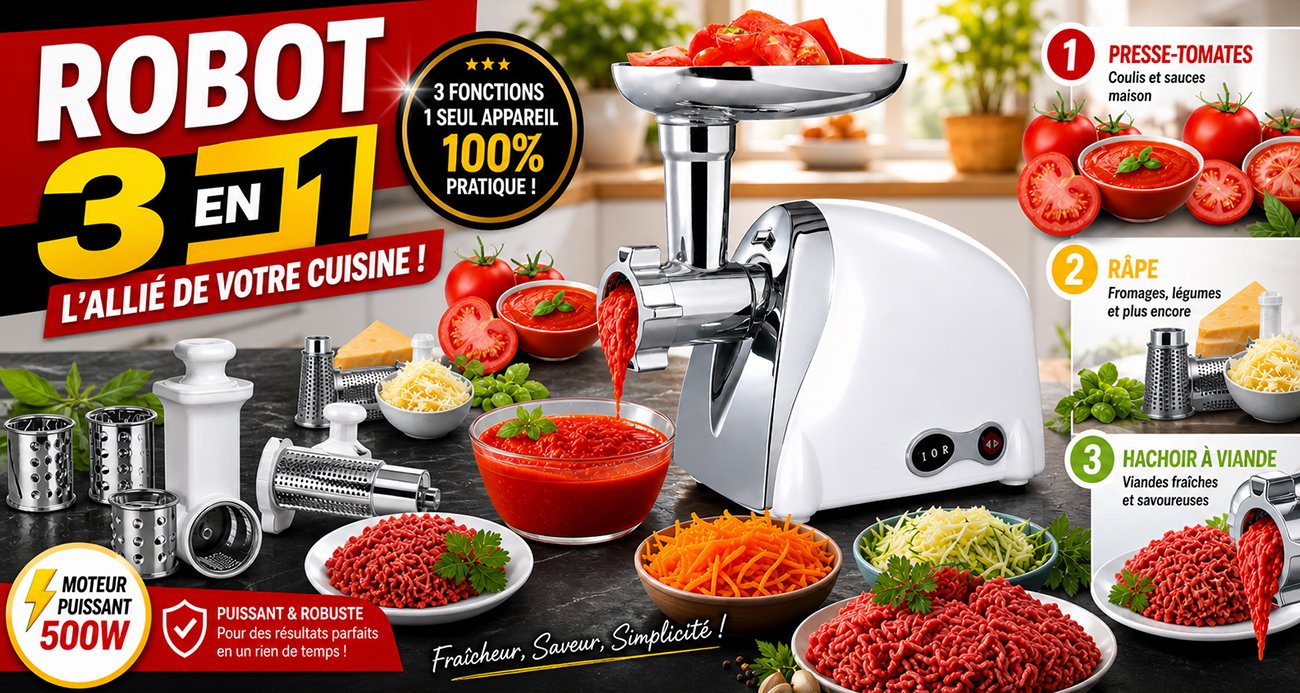  Robot 3 en 1 : Presse-Tomates, Râpe et Hachoir à Viande