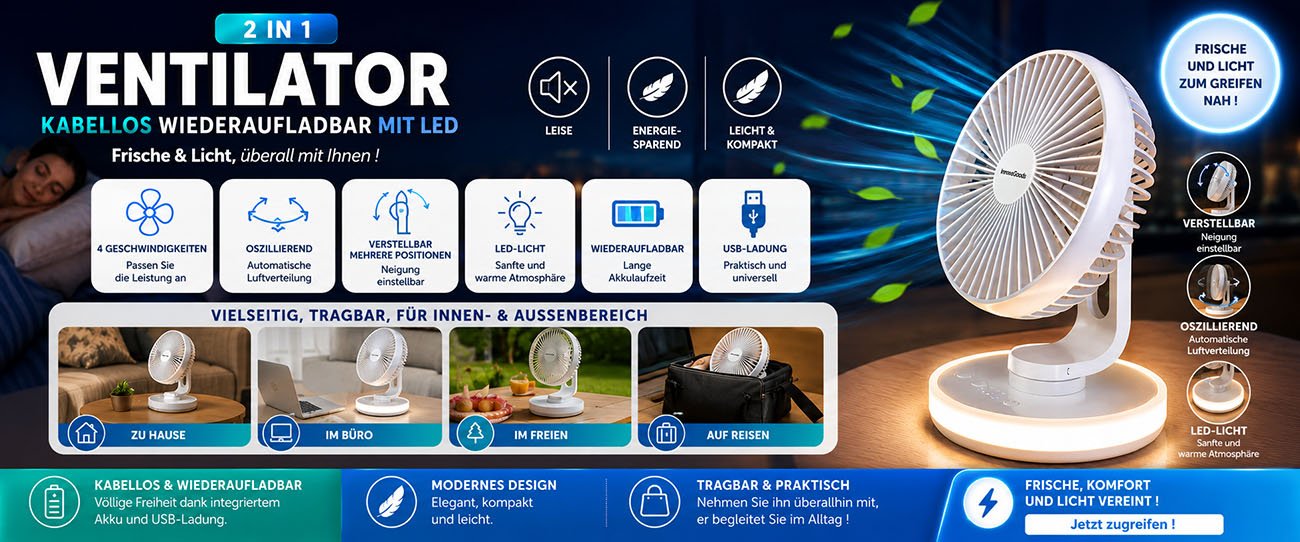 Kabelloser, wiederaufladbarer Ventilator mit LED 2 in 1
