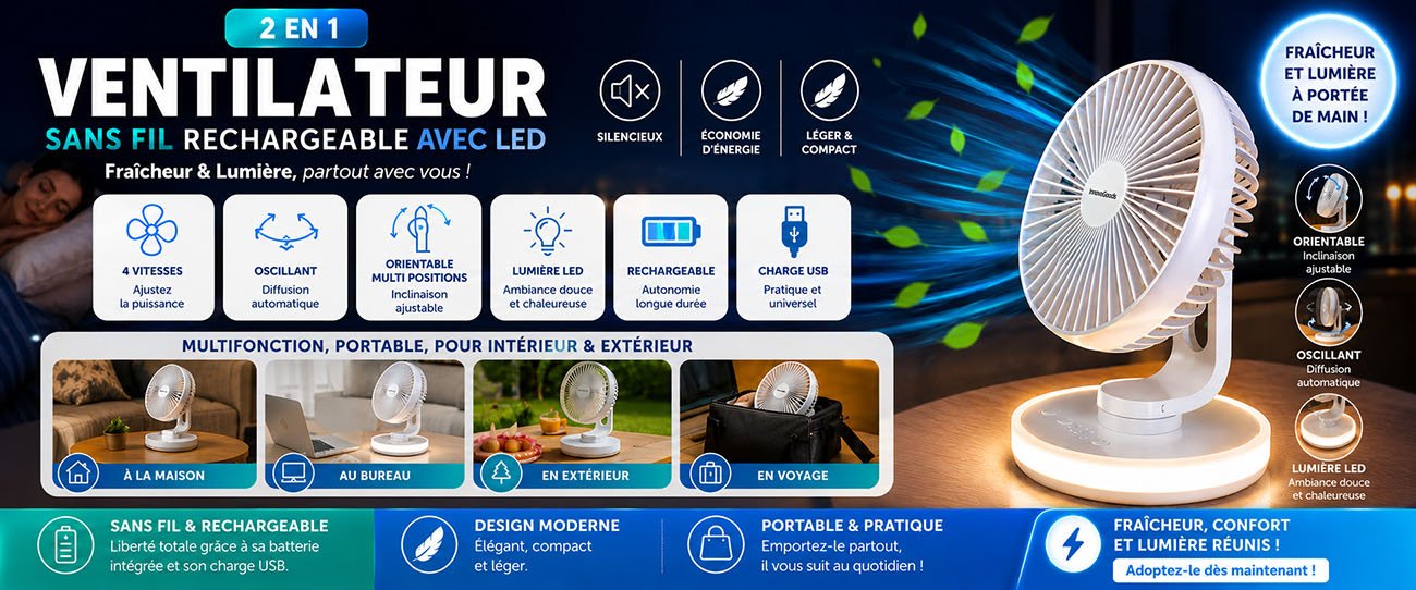 Ventilateur sans Fil Rechargeable avec LED 2 en 1